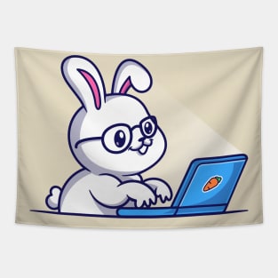 Cute Rabbit Working On Laptop Cartoon Tapestry