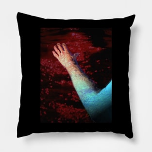 Digital collage and special processing. Ugly close up, amazing on distance. Hand, water view. Red light. Pillow