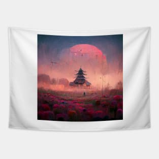Red Moon Castle at Dusk Tapestry
