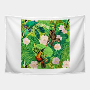 Monkey, toucan and parrot rainforest Tapestry