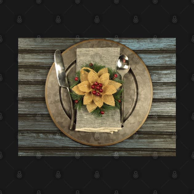 Overhead view of  table setting - a plate with spoon, fork and knife with a Christmas decoration on a wooden background. by ikshvaku