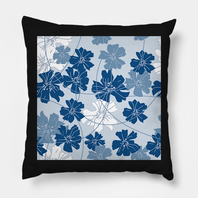 Flowers and tendrils - white - dark blue Pillow by kobyakov