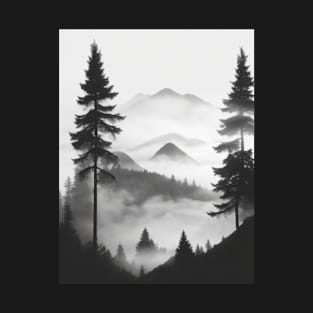 Silhouette of mountain and fog and pine forest T-Shirt