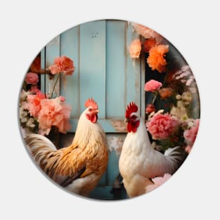 Retro Elegant Art - Chicken and Flowers by the coop Pin