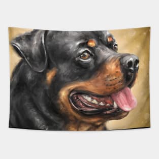 Painting of an Adorable Smiling Rottweiler with Its Tongue Out on Warm Beige Background Tapestry