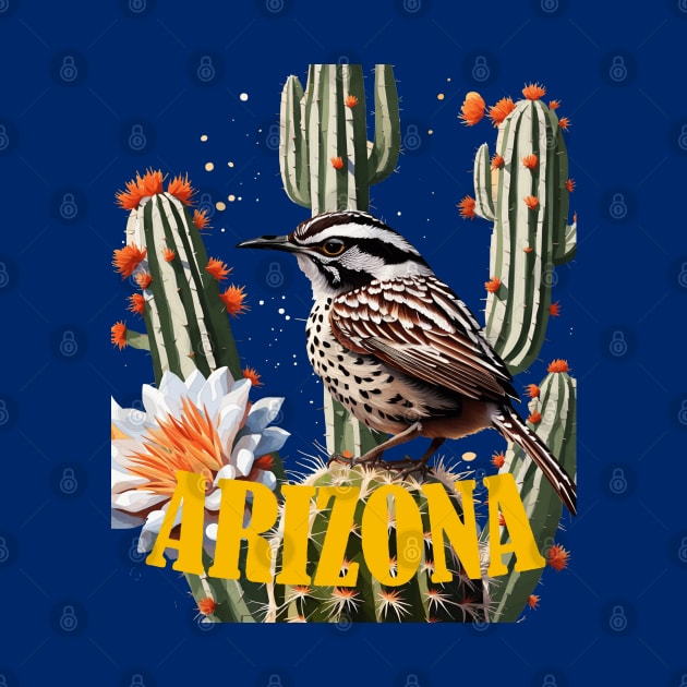 Arizona Cactus Wren Surrounded By Cactus Blossom by taiche