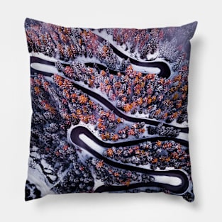 Black paved road surrounding by trees Pillow