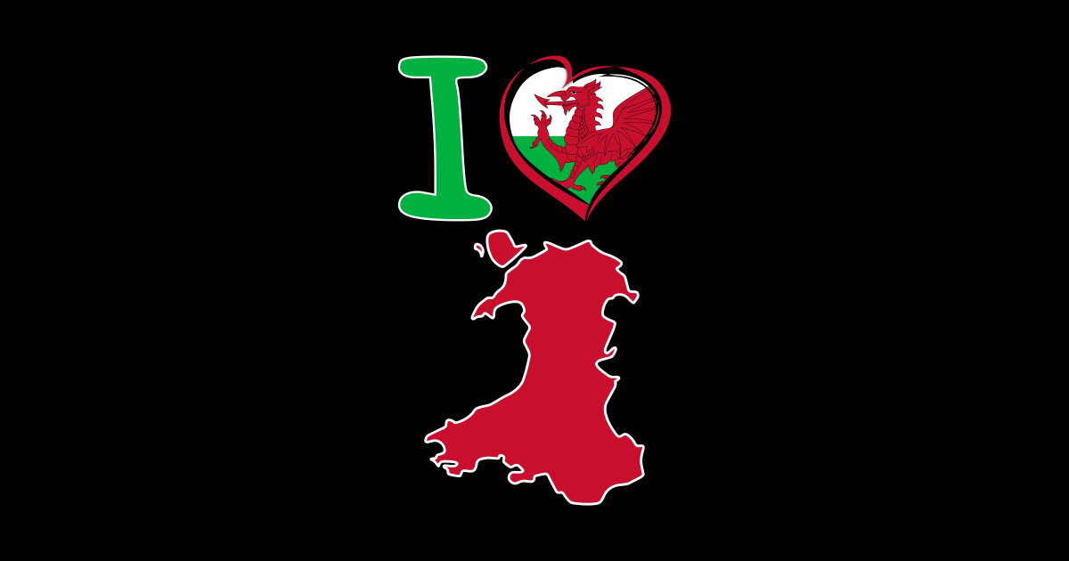 I love Wales. Welsh flag in the shape of a heart. country map I Love