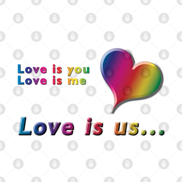 Love is you, Love is me, Love is us Rainbow Heart and Text on White Background by karenmcfarland13