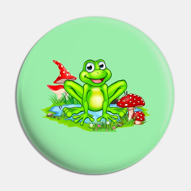 Cute Frog At The Pond And Mushrooms Nature Pin by Foxxy Merch