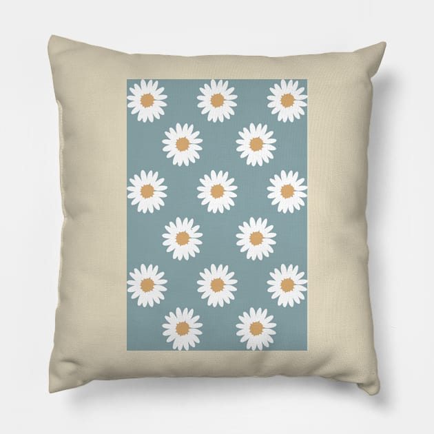 retro slate blue gray camel daisy pattern Pillow by opptop