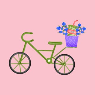 Cute green bicycle with milk and flowers basket T-Shirt