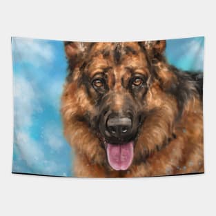 A Gorgeous German Shepherd Painting with his Tongue Out Blue Cloudy Background Tapestry