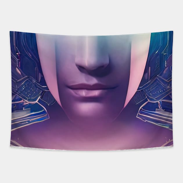 Girl face in futuristic cyberpunk style in neon colors Tapestry by Alekxemko