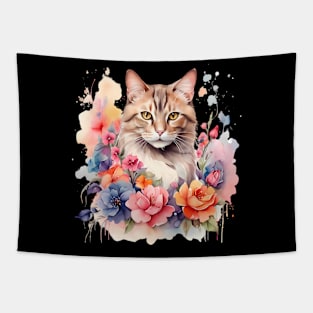 A cat decorated with beautiful watercolor flowers Tapestry