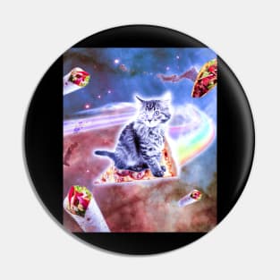 Laser Eyes Space Cat Riding Rainbow Pizza Pin