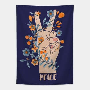 Peace Sign With Orange Flowers, Blue Flowers And Vines Tapestry