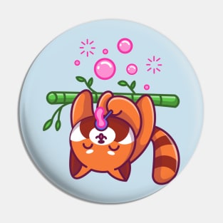 Cute Red Panda Blowing Bubble On Bamboo Tree Cartoon Pin