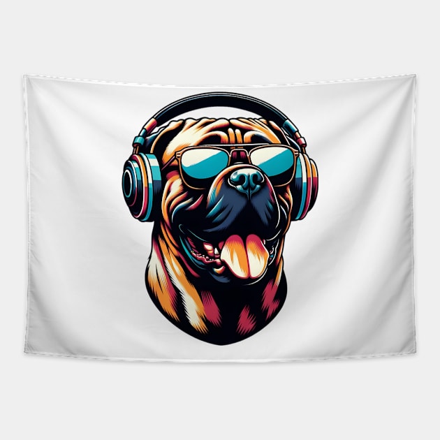 Bullmastiff as Smiling DJ in Japanese Art Style Tapestry by ArtRUs