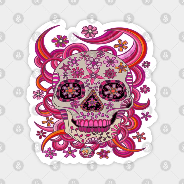 Sugar Skull Pink Flowers - Dia De Los Muertos - Pink Skull Magnet by Scriptnbones