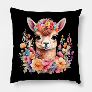 An alpaca decorated with beautiful watercolor flowers Pillow