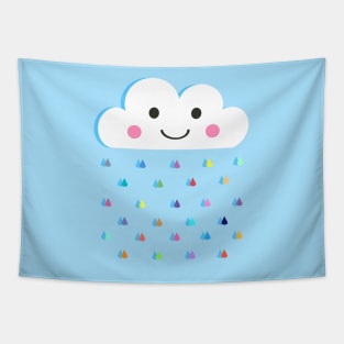 Rainbow Raindrops, Happy Rain Cloud, on Blue Tapestry