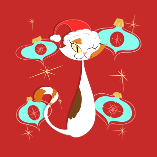 Santa Calico Cat with Blue Ornaments T-Shirt