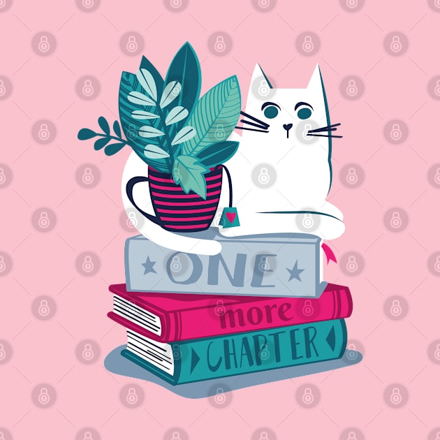 One more chapter // spot // navy background white cat striped mug with plants pink teal and blue books with quote by SelmaCardoso