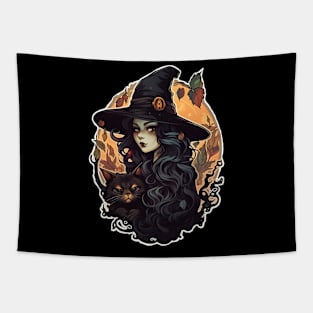 Witch with black cat fall Tapestry