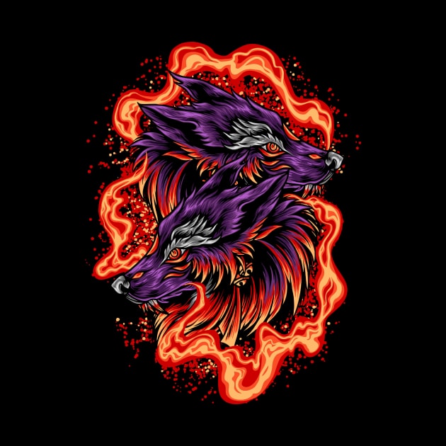 Twin wolf head with fire by chenowethdiliff