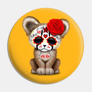 Red Day of the Dead Sugar Skull Cougar Cub Pin