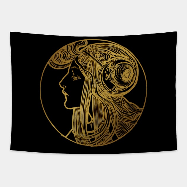 Art nouveau gold silhouette lady 1 Tapestry by Allbestshirts