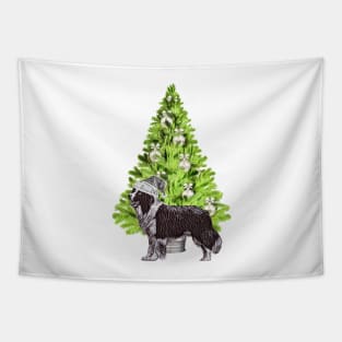 Border Collie Dog Christmas scene with Christmas tree and Santa hat Tapestry