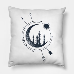 Forest And Сrescent. Pine Trees On The Moon. Creative Illustration. Geometric, Line Art Style Pillow