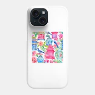 Pagodas, birds and chinoiserie jars in preppy colors Phone Case