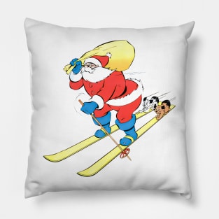 two funny dogs travel on Santa Claus's skis at full speed towards merry Christmas in the snow Retro Vintage Comic Cartoon Pillow