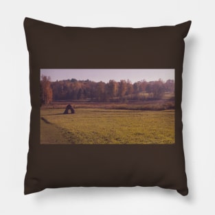 Autumn field with haystack and the wood Pillow