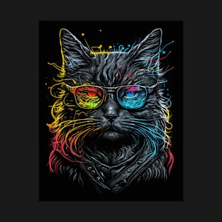 Retro Cat Art Wearing Glasses Splash Abstract Vibe Watercolor Vintage T-Shirt