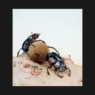 Sacred scarabs (Scarabaeus sacer) rolling a dung ball. T-Shirt