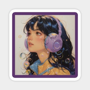 Anime Girl Listening To Music Retro Magnet