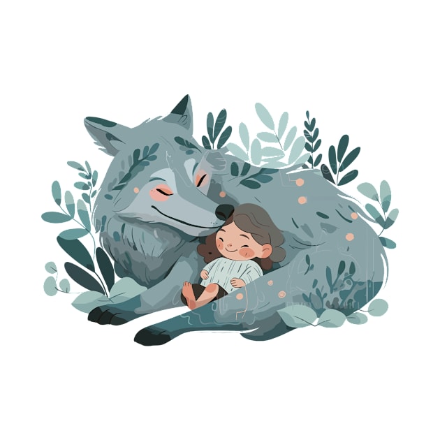 Cute Wolf Animal Loving Cuddle Embrace Children Kid Tenderness by Cubebox