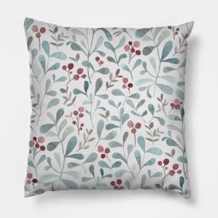 Winter flora - watercolor red berries and mistletoe leaves Pillow