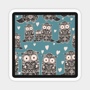 Folk Art Owls, Owlets and Hearts  Pattern on Teal Magnet