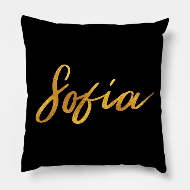 Sofia Name Hand Lettering in Faux Gold Letters Pillow by Pixel On Fire