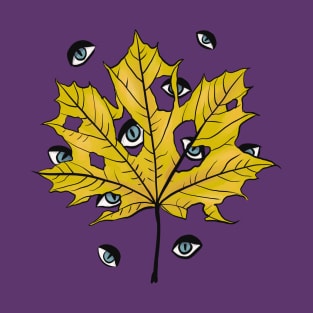 Yellow Leaf Witchy Creepy Eyes Pattern T-Shirt