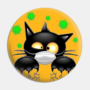 Cat with Face Mask scared by Virus Covid19 Humorous Cartoon Character Pin