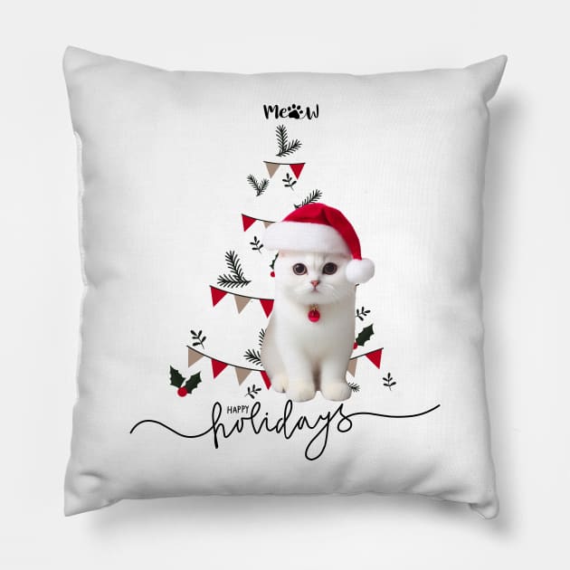 Cat Meaw in Santa hat with christmas tree happy holidays ,Brafdesign Pillow by Brafdesign