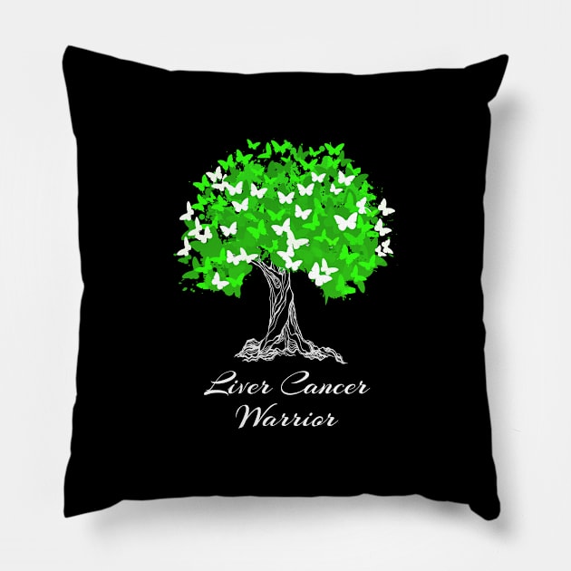 Liver Cancer Warrior Green Ribbon Tree With Butterflies Pillow by MerchAndrey