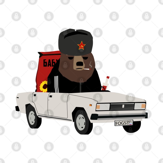 Gopnik Russian bear in the car on the road with sunflower seeds no text by FOGSJ