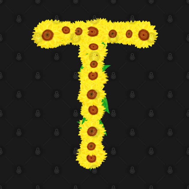 Sunflowers Initial Letter T (Black Background) by Art By LM Designs 